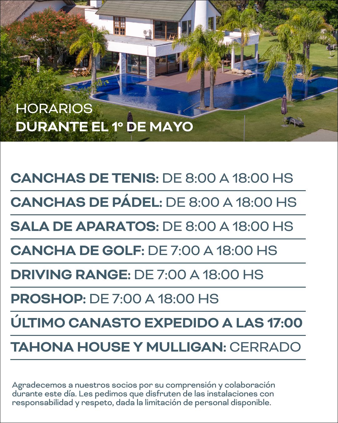 FERIADO DEL 1ERO DE MAYO -  HORARIOS CLUB - DRIVING -  PROSHOP - CASILLA DE PALOS Y DRIVING