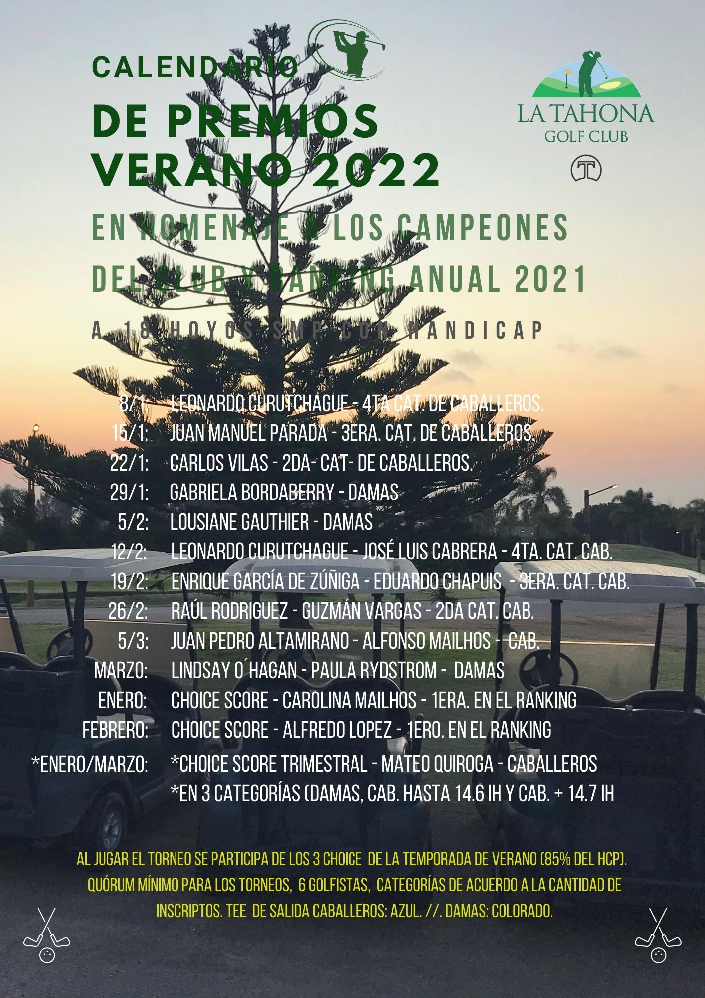 Calendario de Premios Verano 2022 - Homenaje a los Campeones del Club y Ranking Anual 2021 - Con Tri