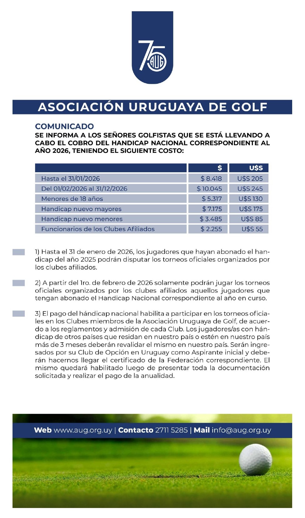 PAGO DEL HANDICAP NACIONAL 2026 -  PLAZOS Y COSTOS 