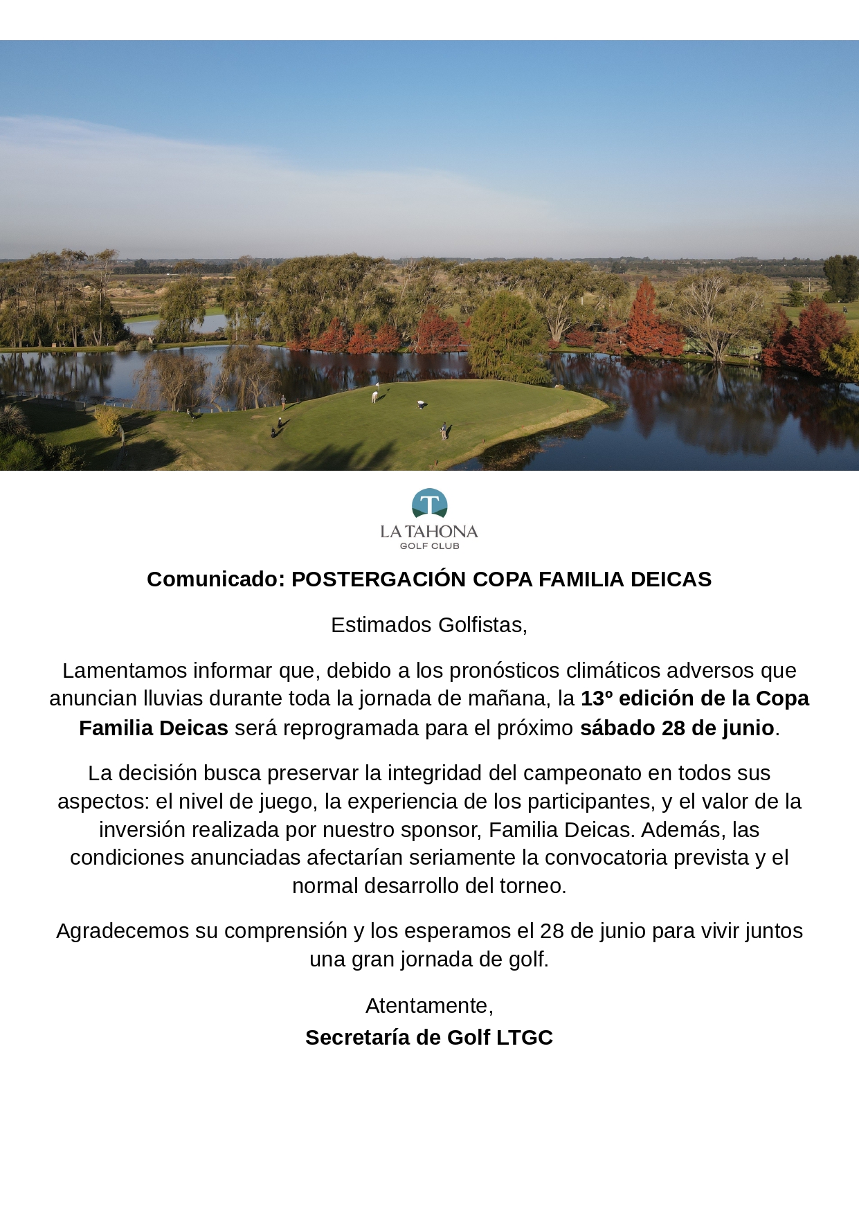 POSTERGACIÓN COPA FAMILIA DEICAS - NUEVA FECHA: SÁBADO 28 DE JUNIO