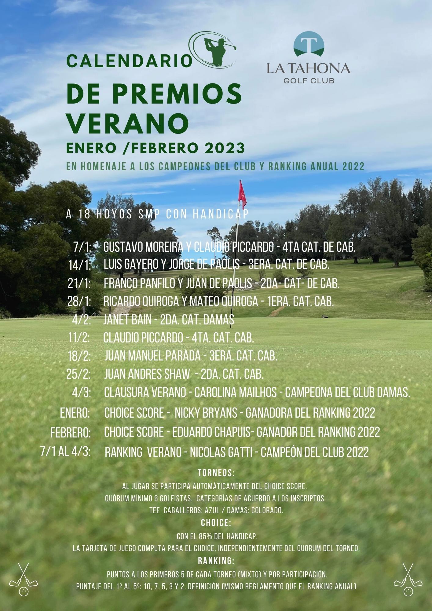 Calendario de Premios Verano 2023 _ En homenaje a los Campeones del Club y Ranking de la pasada temp