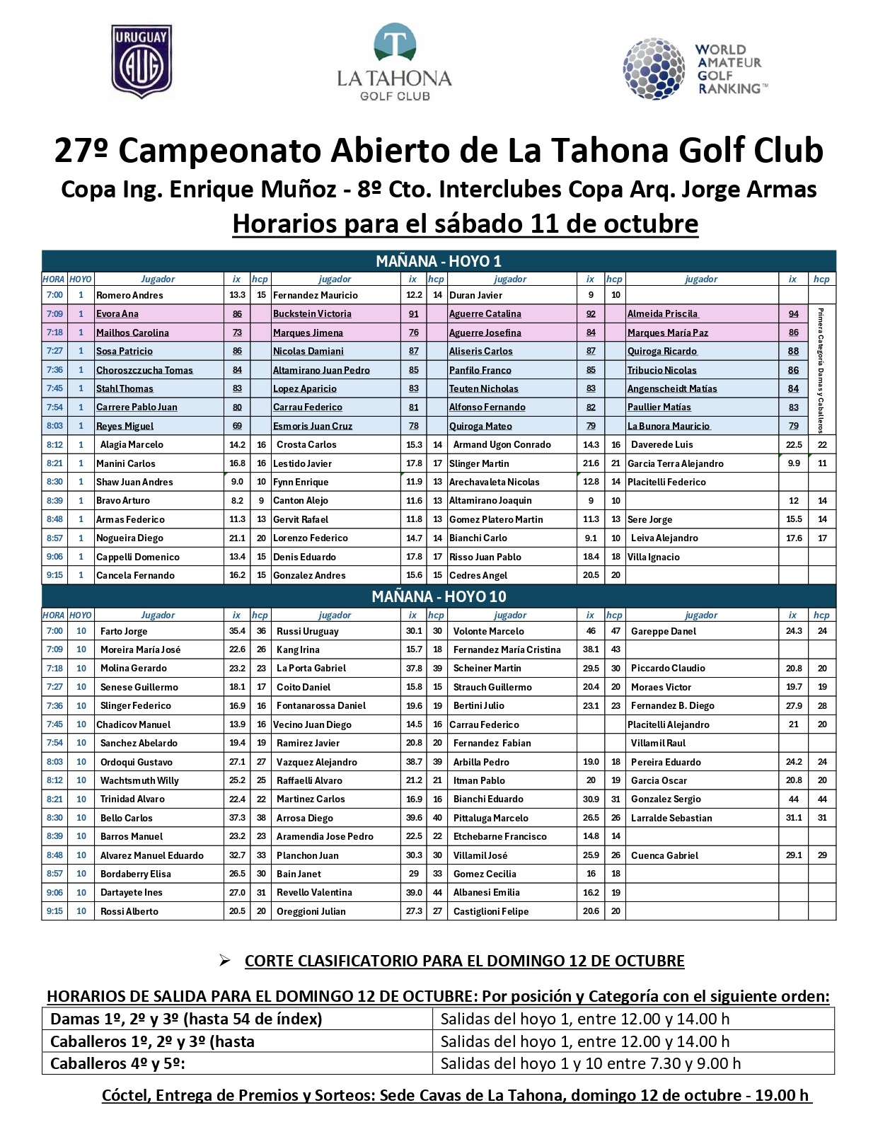 HORARIOS DEL 27º CAMPEONATO ABIERTO - SÁBADO 11/10 - MAÑANA Y TARDE - DEL 1 Y 10