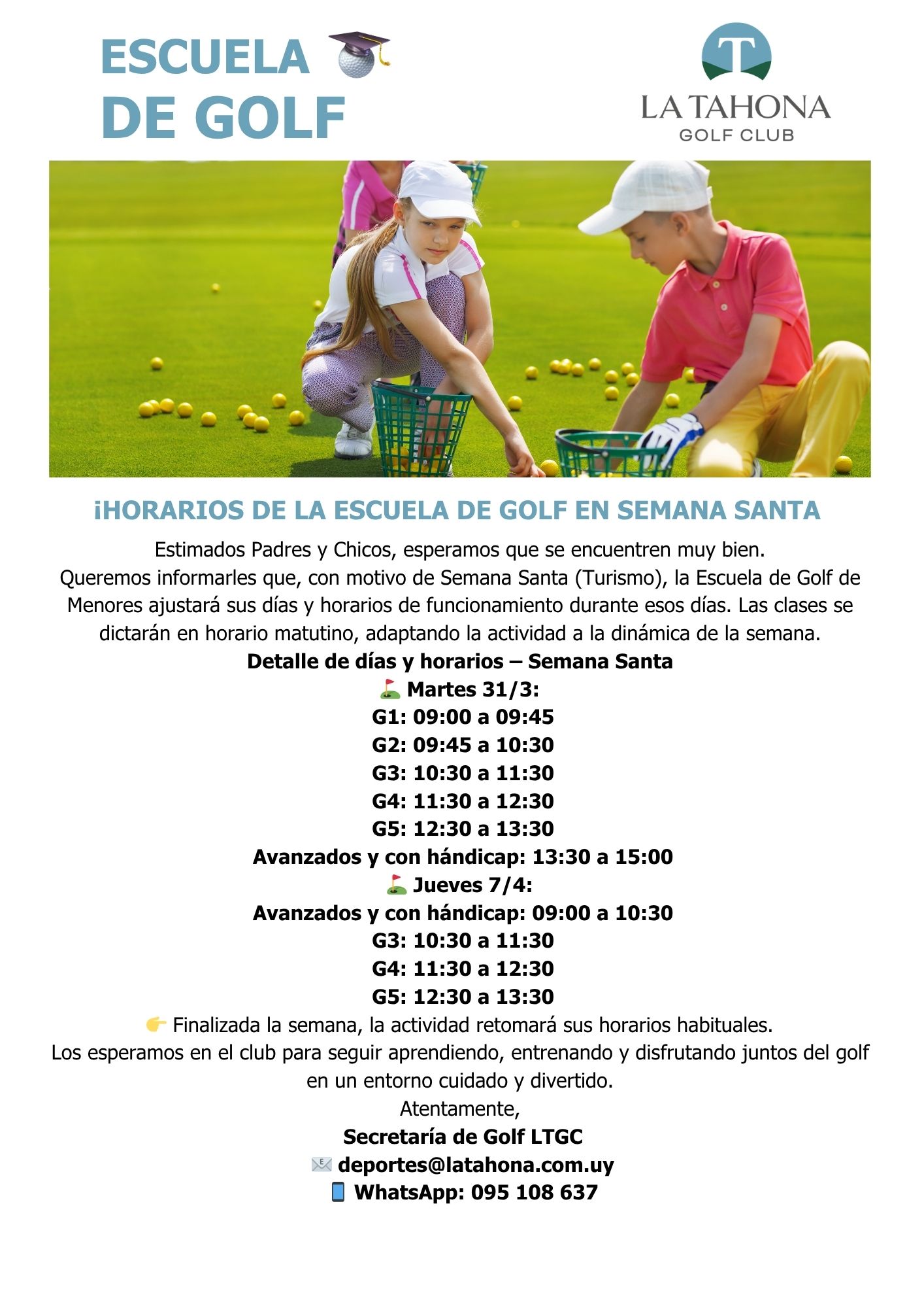 ESCUELA DE GOLF DE MENORES - HORARIOS EN SEMANA SANTA