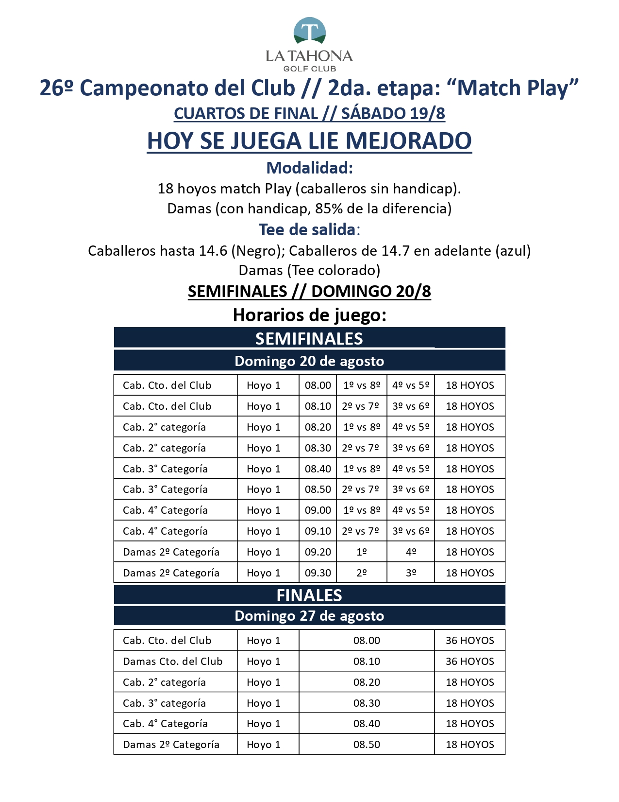 Campeonato del Club 2023 _ Matches _ Sbado 19 y domingo 20/8 _ Condiciones 