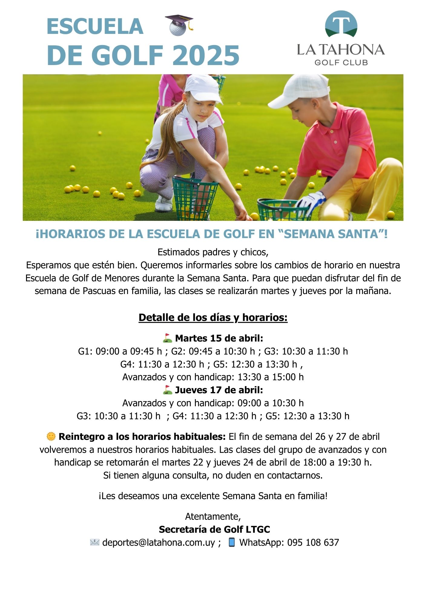 HORARIOS DE LA ESCUELA DE GOLF EN 