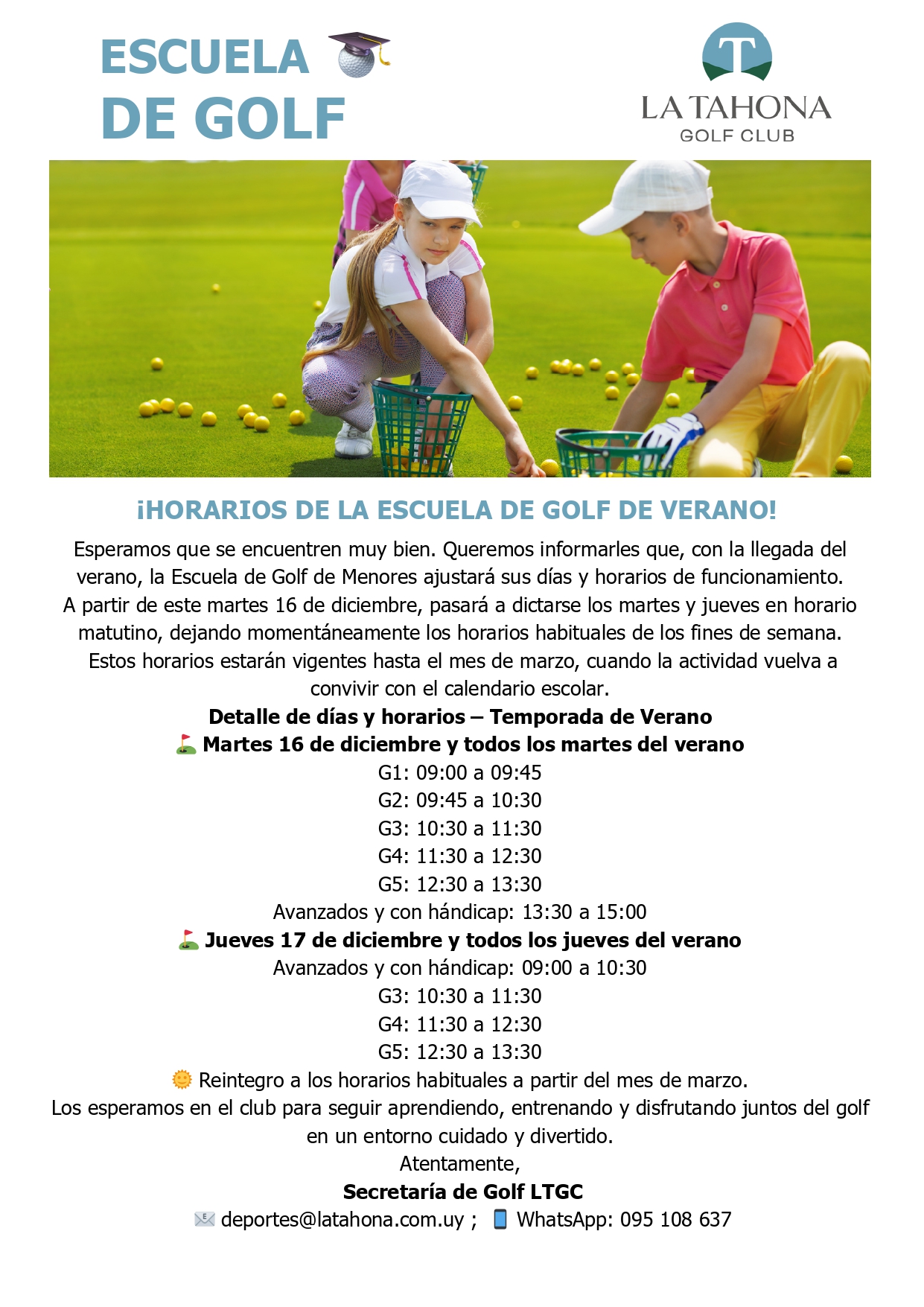 ESCUELA DE GOLF DE VERANO 2025 - 2026 - NUEVOS HORARIOS Y DÍAS DE FUNCIONAMIENTO