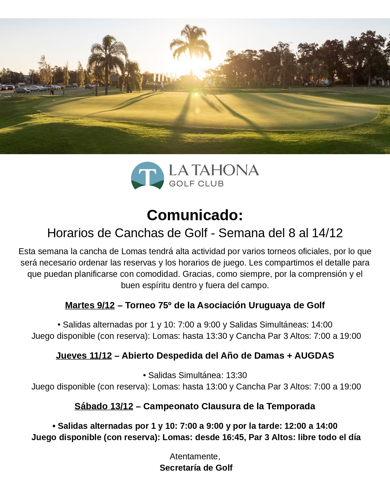 HORARIOS DE LAS CANCHAS - SEMANA DEL 8 AL 14/12