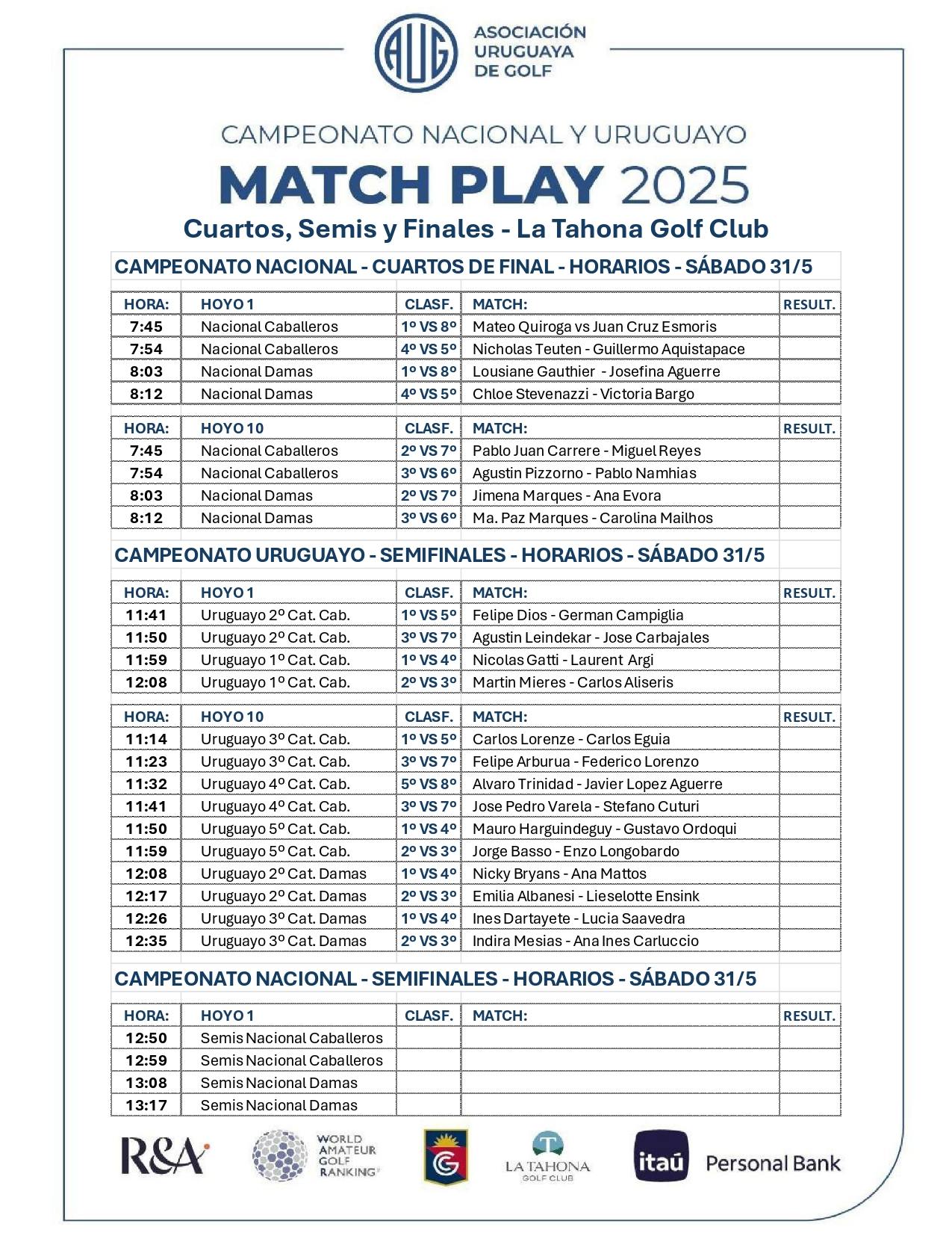 CAMPEONATO NACIONAL Y URUGUAYO MATCH PLAY 2025 - CUARTOS, SEMIS Y FINALES - SÁBADO 31/5 Y DOMINGO 1/