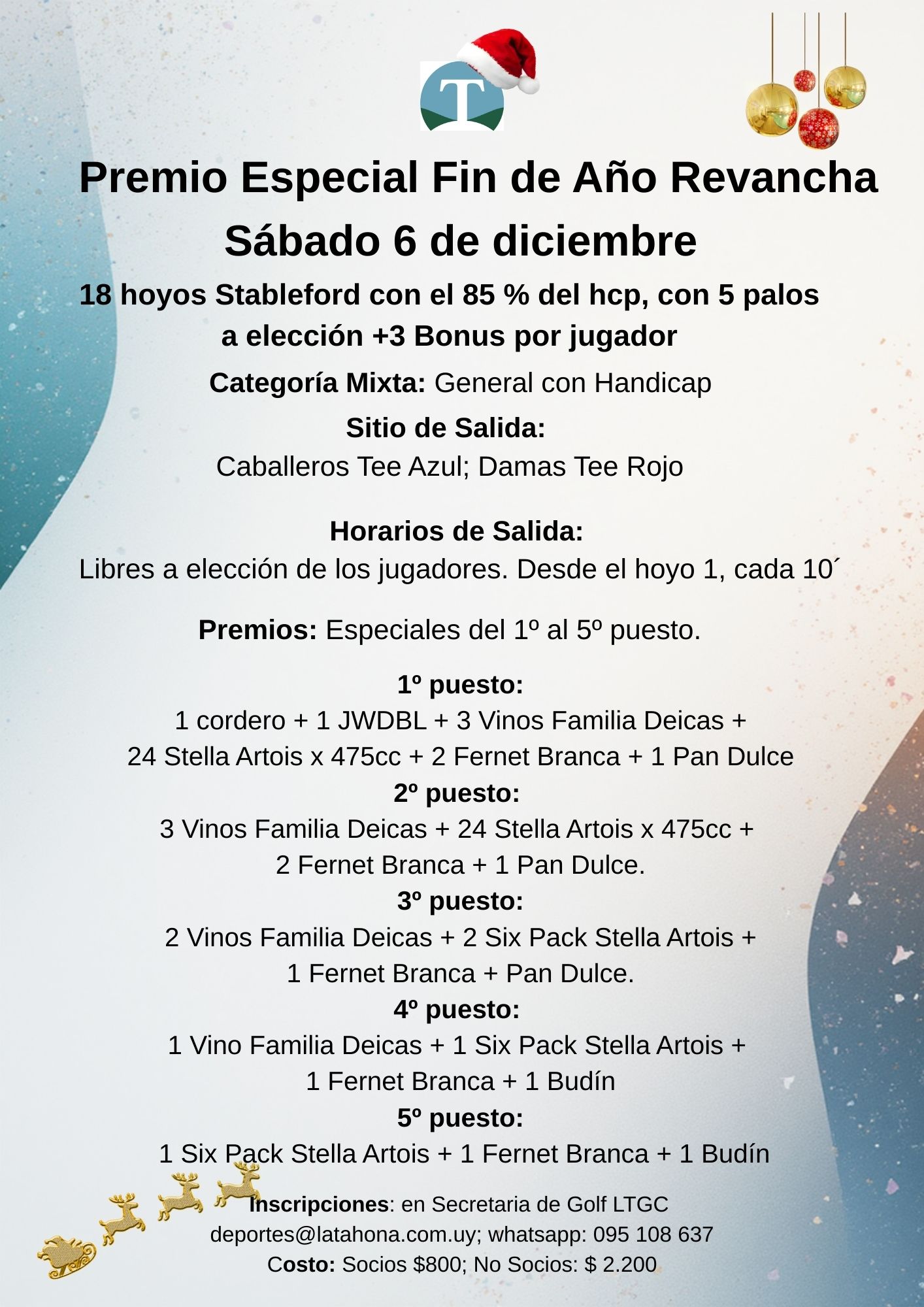 PREMIO ESPECIAL FIN DE AÑO REVANCHA - SÁBADO 6/12 - 18 HOYOS STABLEFORD -  CON 5 PALOS - + 3 BONUS P