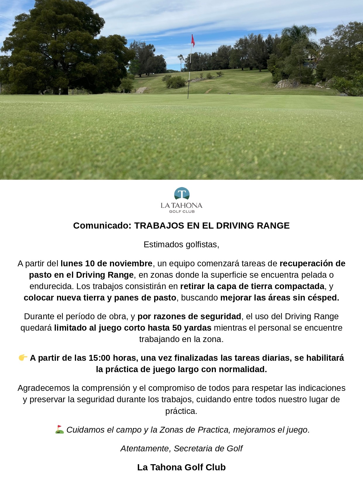 COMUNICADO: TRABAJOS DE MEJORAS PARA LOS ESPACIOS VERDES EN EL DRIVING RANGE