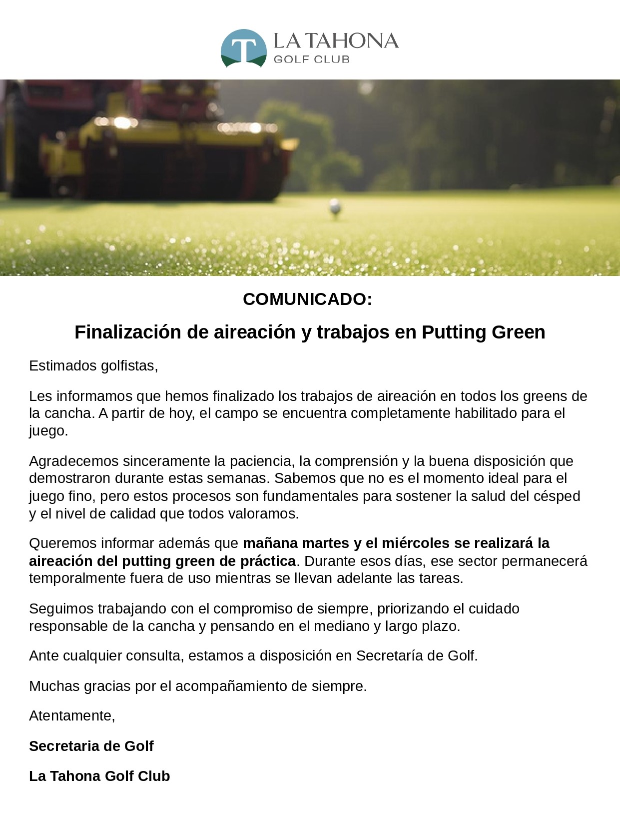 AIREACIÓN DEL PUTTING GREEN - MARTES 23 Y MIÉRCOLES 24/2