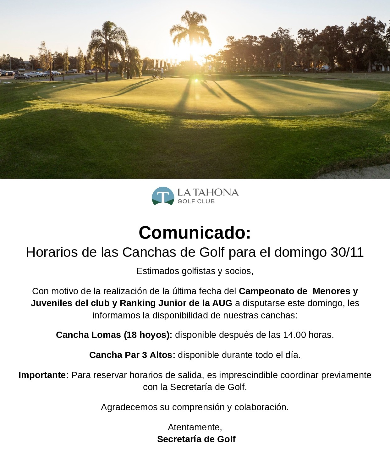 DISPONIBILIDAD DE HORARIOS DE LAS CANCHAS DE GOLF - DOMINGO 30/11 