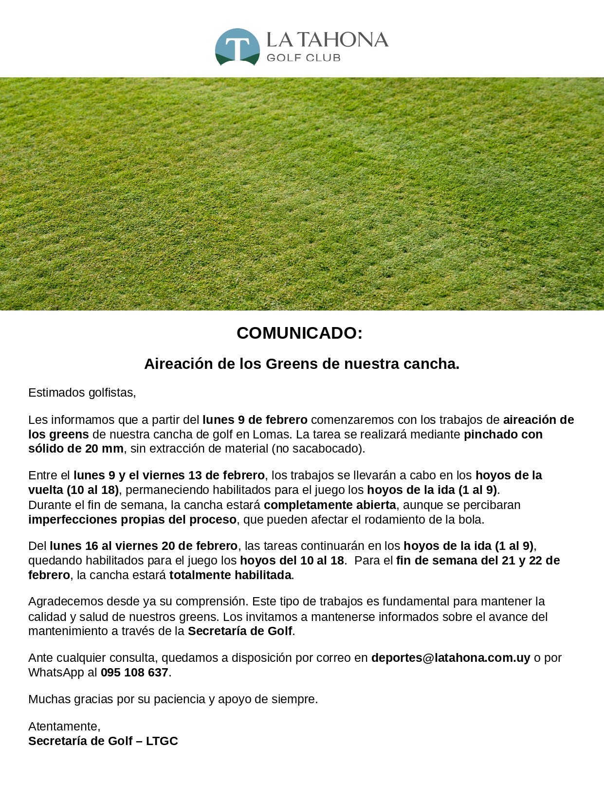 AIREACIÓN DE LOS GREENS DE LA CANCHA DE GOLF (DESDE EL 9 DE FEBERO)