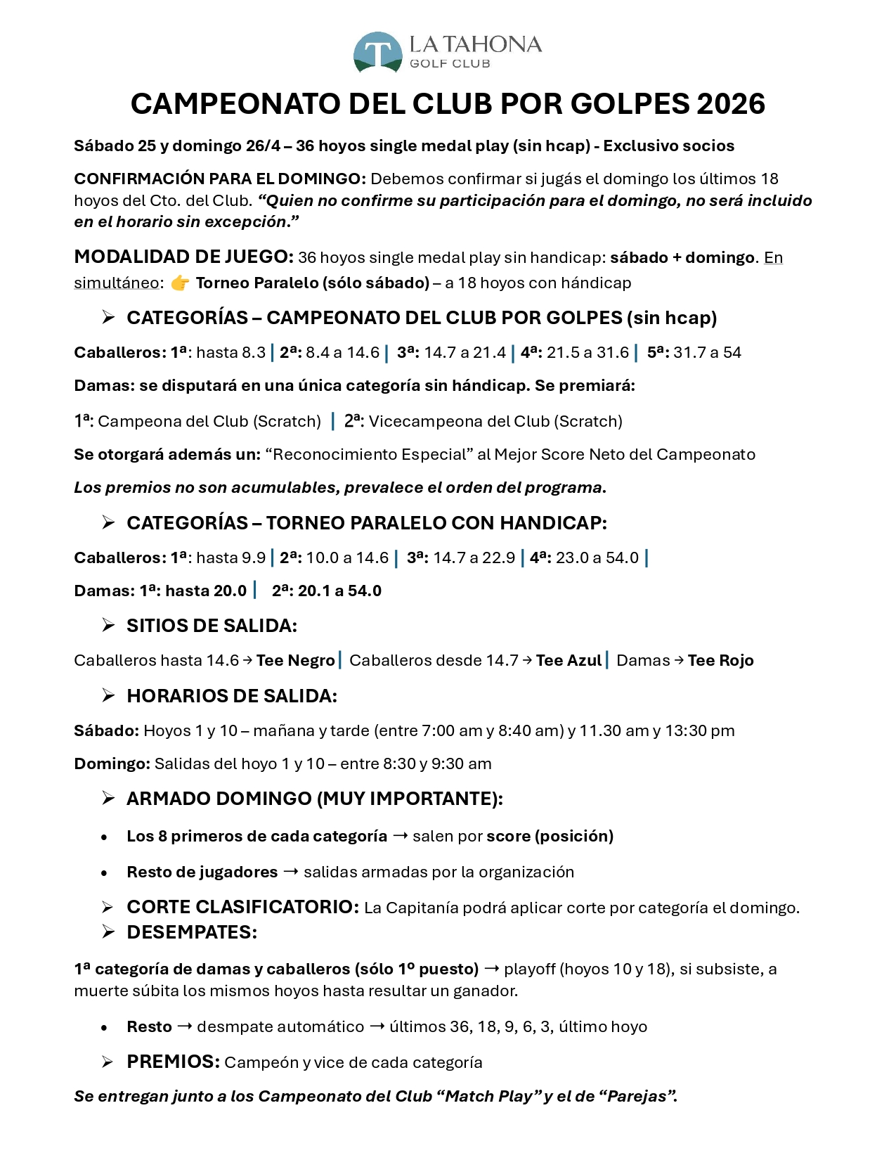 CAMPEONATO DEL CLUB POR GOLPES - CONFIRMACIÓN DE CATEGORÍAS Y HORARIOS PARA EL DOMINGO
