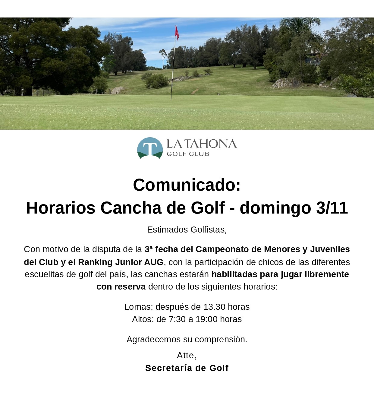 HORARIOS CANCHAS DE GOLF - DOMINGO 3/11