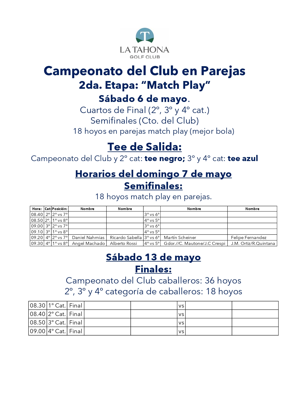 Campeonato del Club en Parejas - Sbado 6 de mayo - Informacin para los golfistas