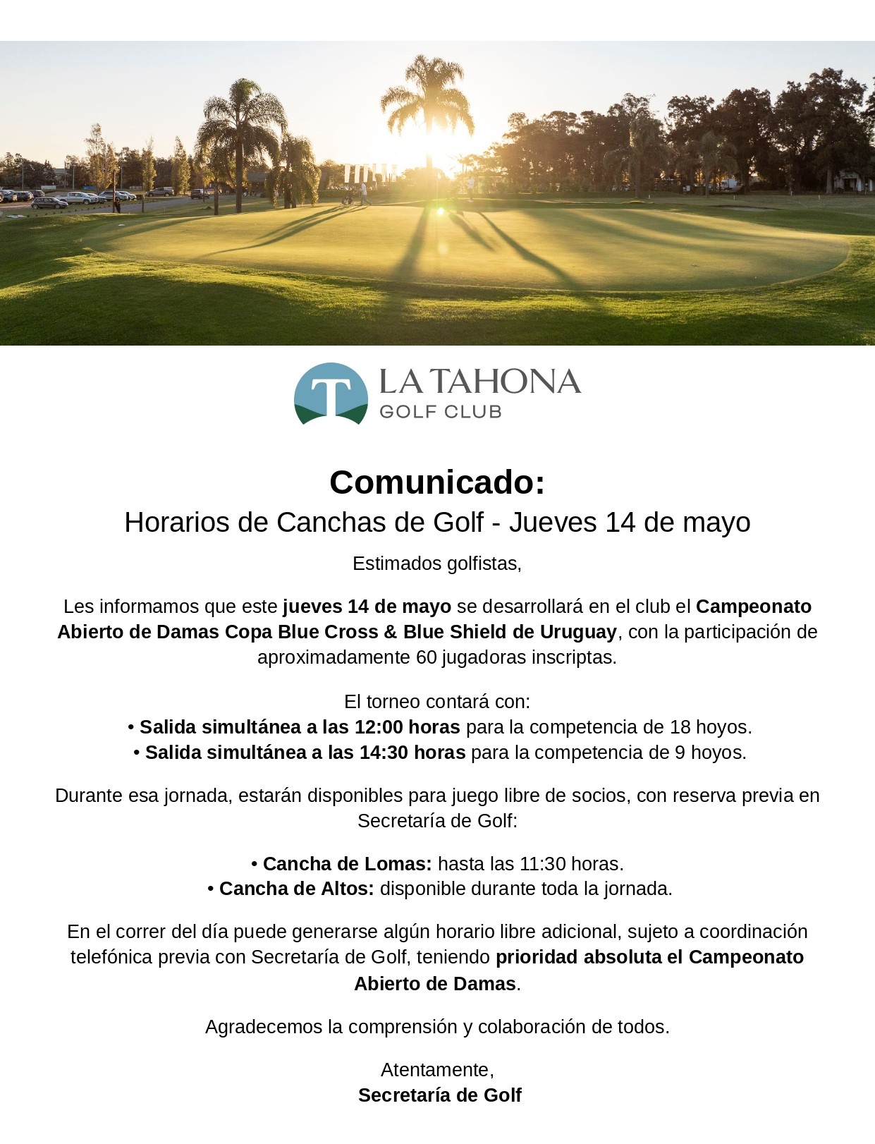 HORARIOS DE LAS CANCHAS DE GOLF (JUEVES 14 DE MAYO) - DÍA DEL CTO. ABIERTO DE DAMAS COPA BLUE CROSS 