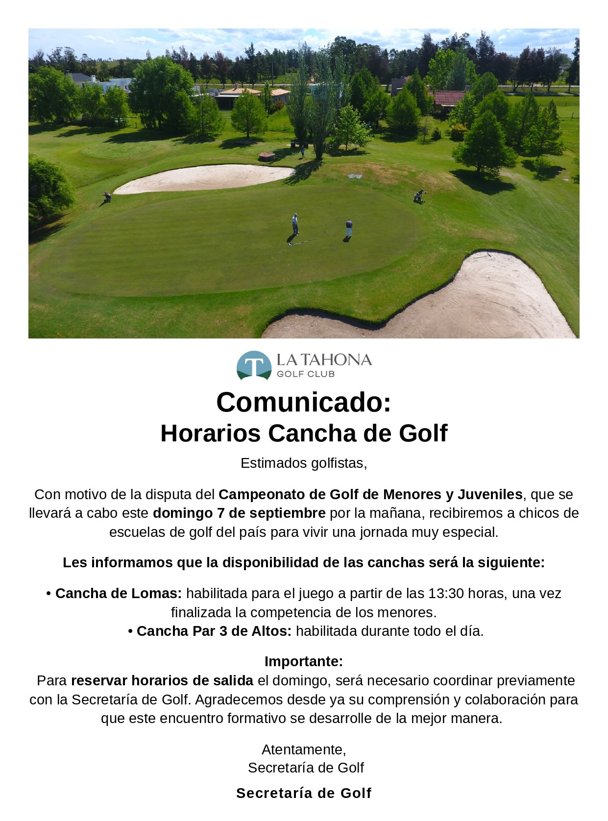 COMUNICADO - CANCHAS DE GOLF - HORARIOS DOMINGO 7/9