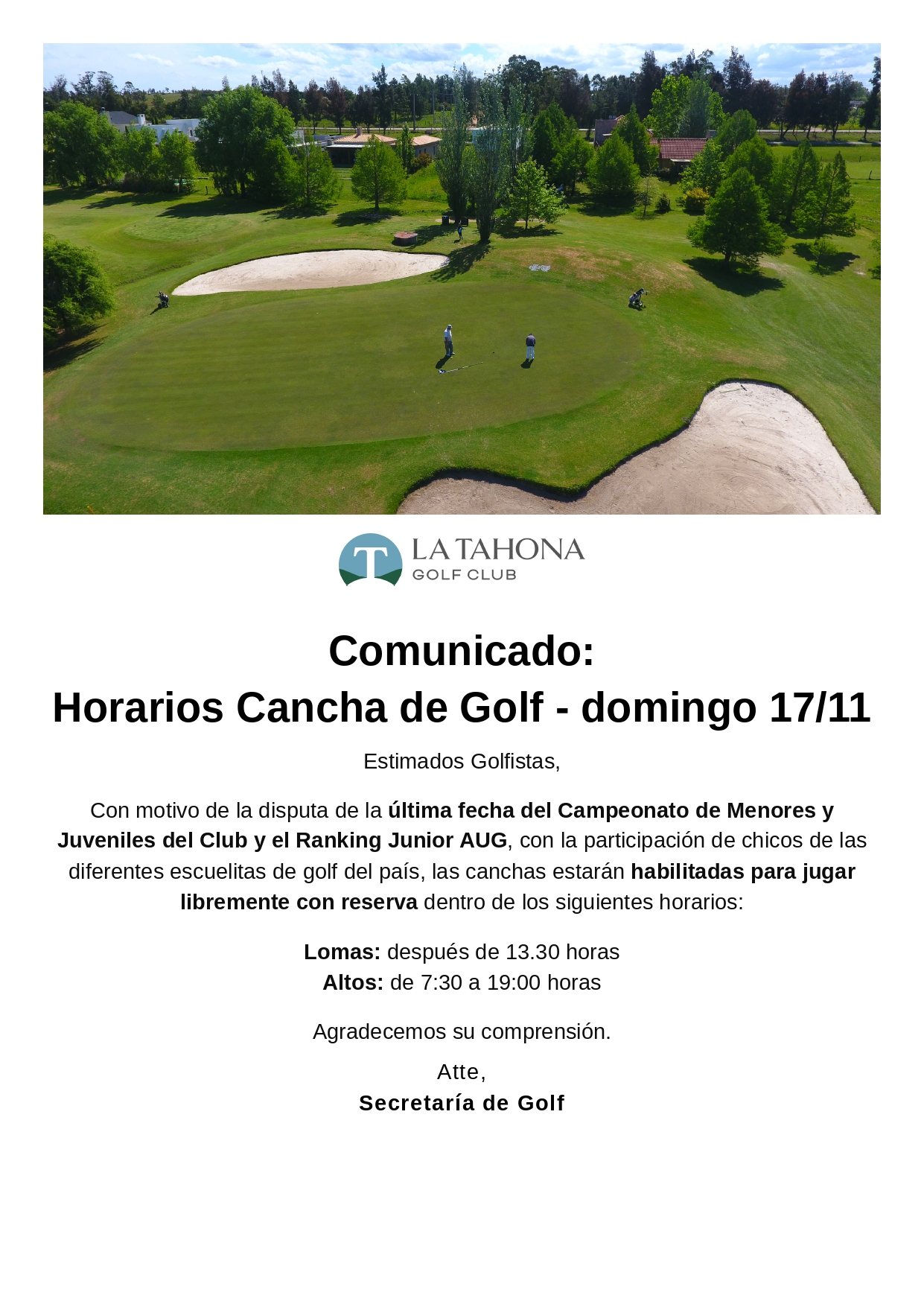 HORARIOS CANCHAS DE GOLF - DOMINGO 17/11 - CTO. DE MENORES Y JUVENILES