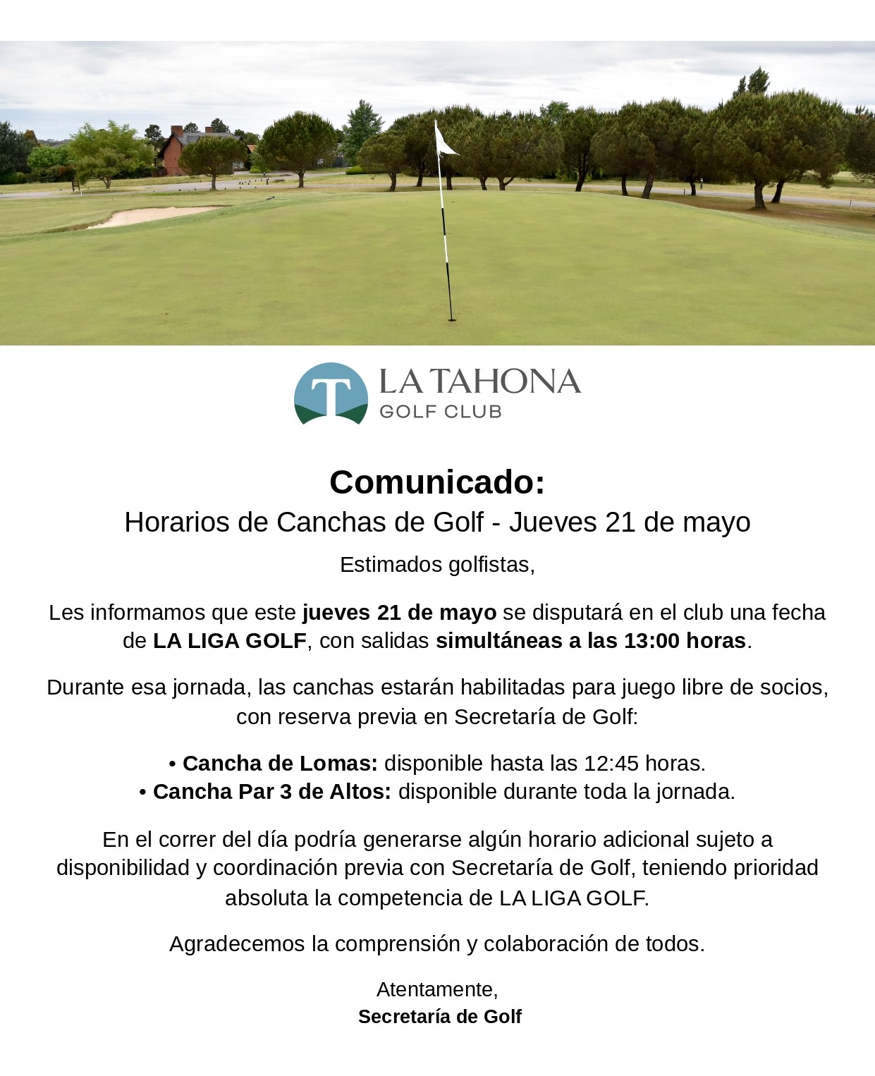HORARIOS DE LAS CANCHAS DE GOLF - JUEVES 21 DE MAYO - COMPETENCIA DE LA LIGA GOLF