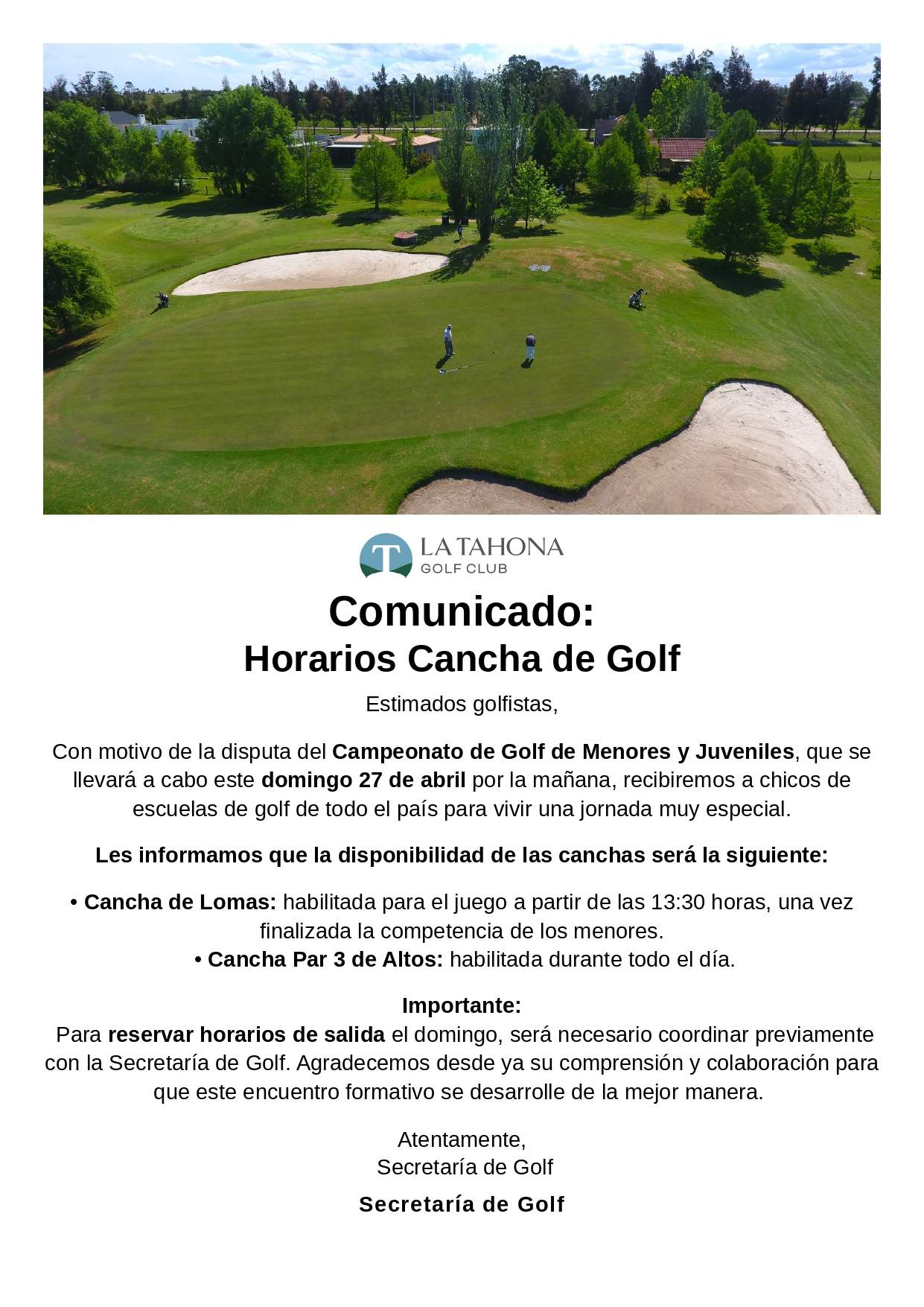 CANCHAS DE GOLF - Horarios de las canchas para el domingo 27 de abril