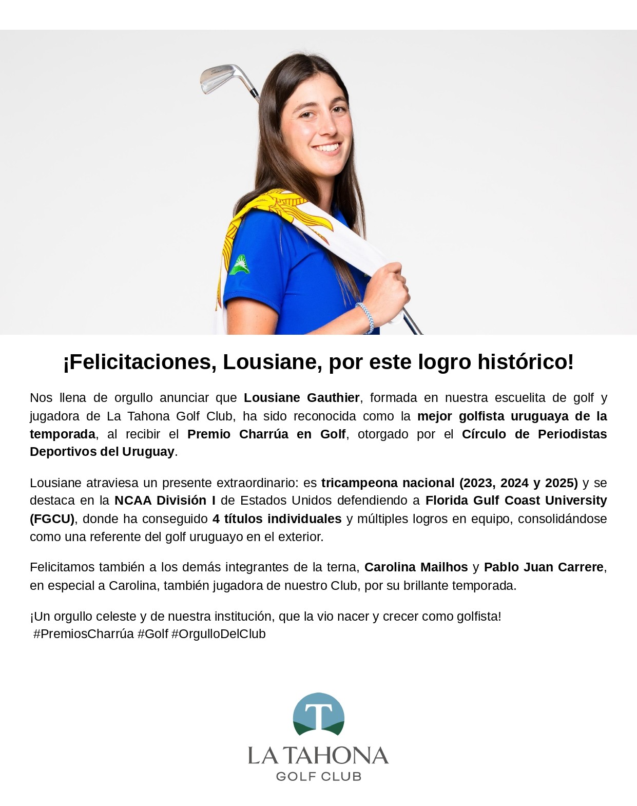 FELICITACIONES LOUSIANE GAUTHIER! - GALARDONADA CON EL CHARRÚA EN GOLF 2025