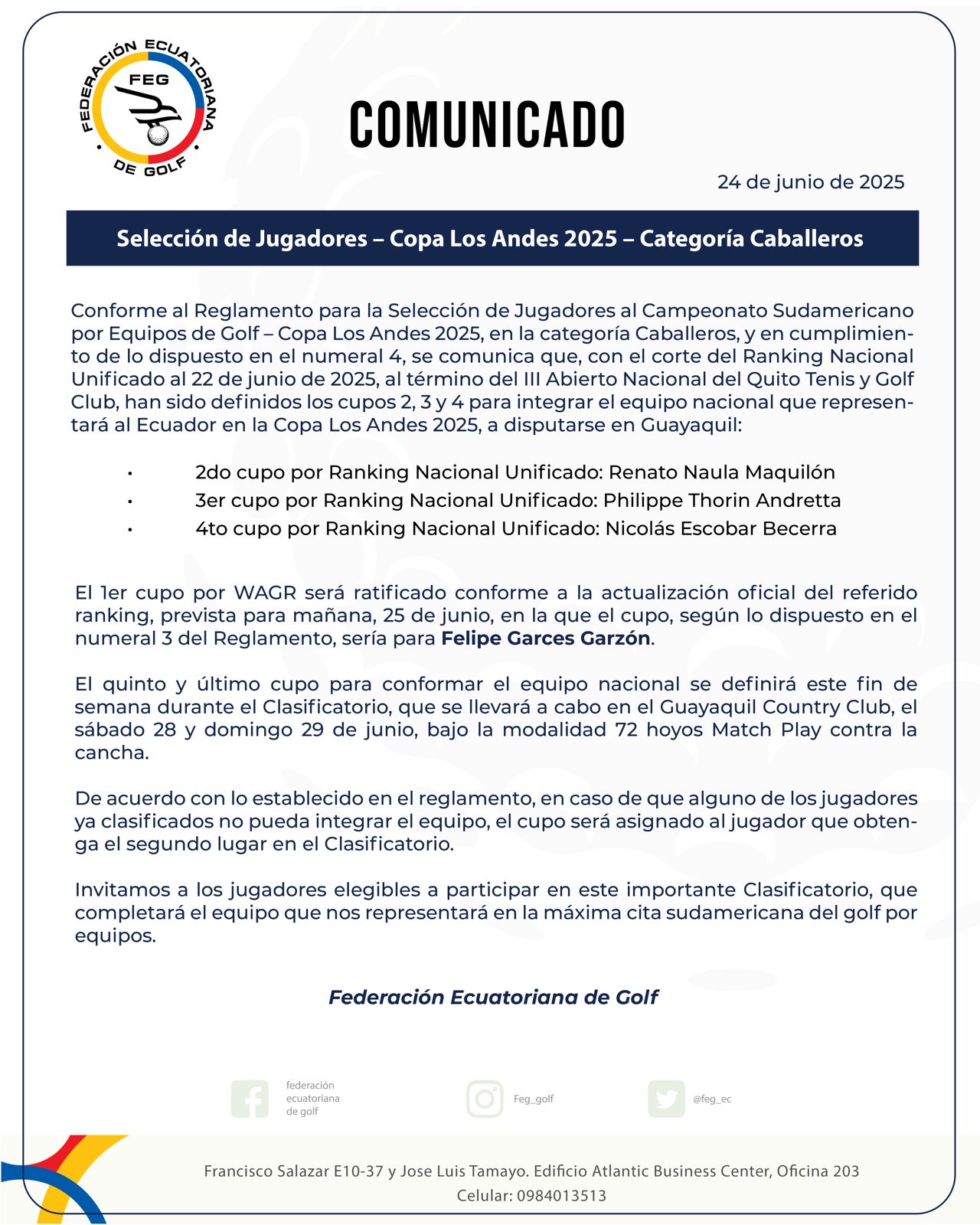 Selección Jugadores – Copa Andes 2025 – Caballeros