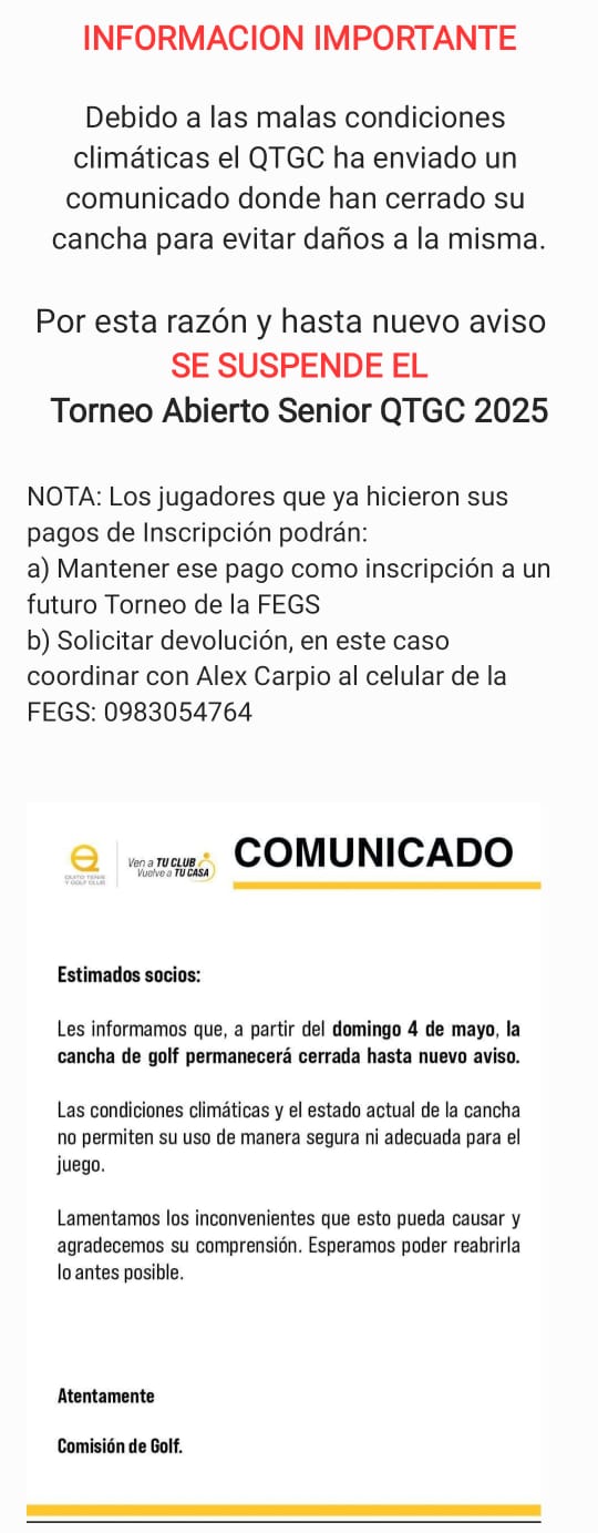 SUSPENDIDO - Abierto Nacional Senior del Quito Tenis y Golf Club 2025