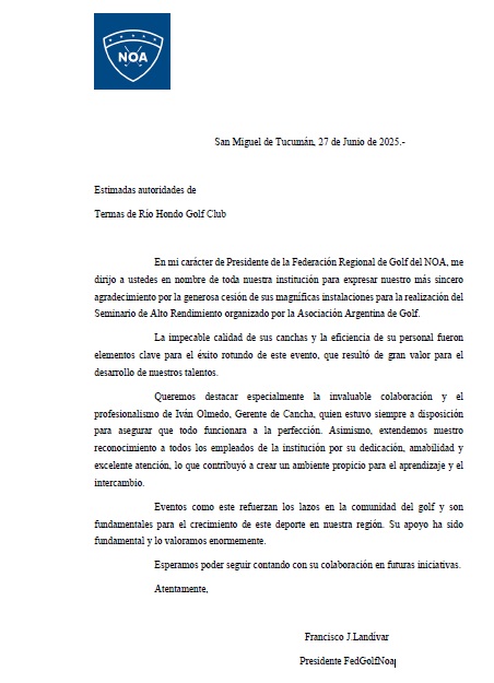 Nota de agradecimiento de la GolfFedNoa para Termas de Rio Hondo Golf Club 